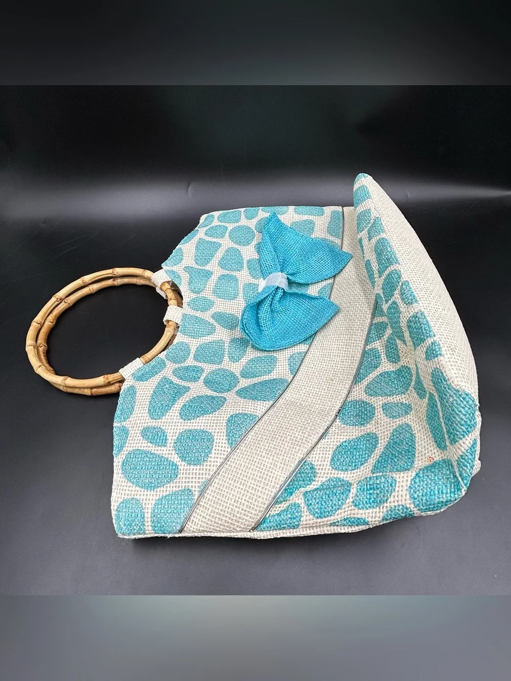 Vintage Bamboo Handle Handbag Blue White Straw Raffia Bow Beach Purse Bag